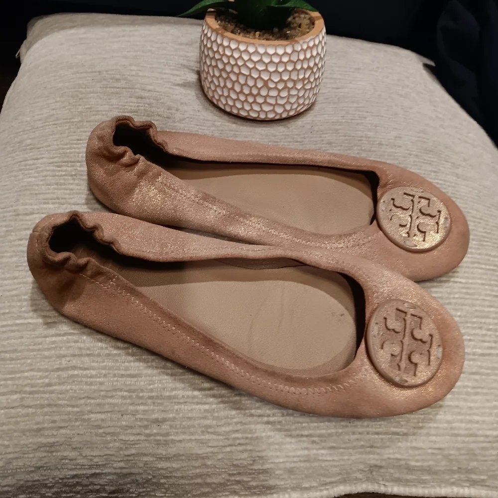 Tory Burch Minnie Travel Flats Sparkle Pink Metallic Leather 7.5 Pave Logo GUC